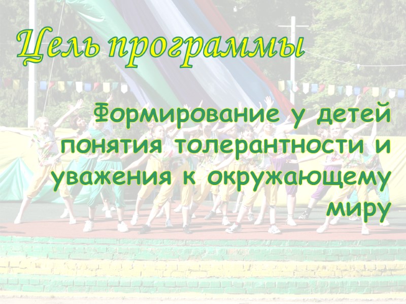 Цель программы Формирование у детей понятия толерантности и уважения к окружающему миру